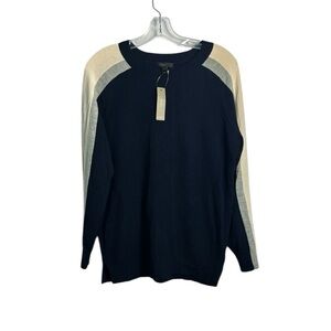 NWT J. Crew 100% Marino Wool Stripe Sleeve Navy Blue Crew Neck Sweater Size M